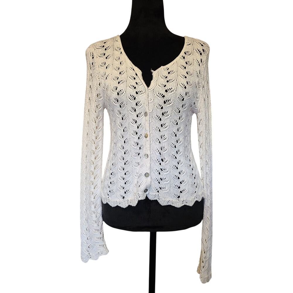 Y2K VTG TWH Open Knit Crochet Cardigan Sweater Womens M Button Front Coquette